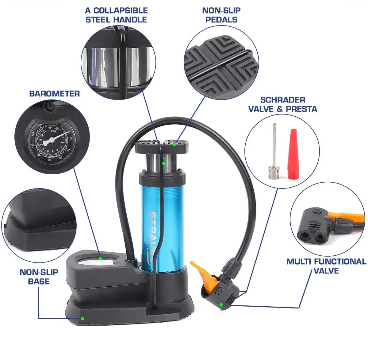 Foot And Hand Air Pump With Air Pressure Gauge – Fast Portable Car Bike And Cycle Inflator For Tires Balls And Inflatables