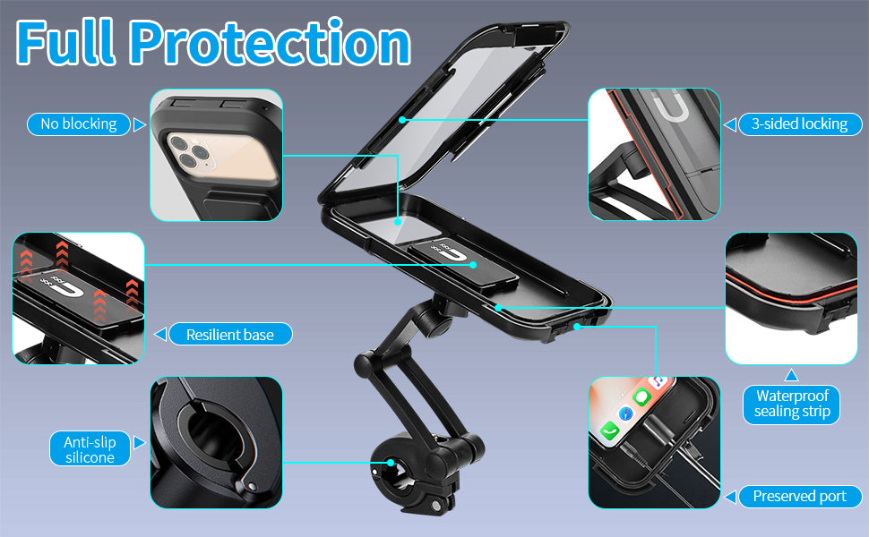 Waterproof Bike Phone Mount - 360° Rotatable Motorcycle & Bicycle Mobile Holder - Adjustable Touch Screen Handlebar Phone Support for All Bikes